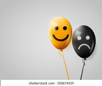 Happy and sad faces. Yellow and black balloons. Positive mood concept. Lifestyle. Vector illustration