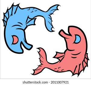 Happy sad fish, cartoon color vector illustration, horizontal, over white, isolated
