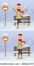 Happy and sad girl character. Winter season. Vector flat cartoon illustration set