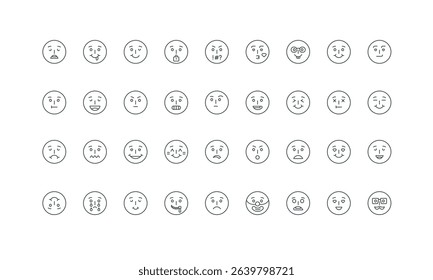 Happy and sad, grimacing and cheerful, upset emoji thin black symbols vector illustration. Emoji, positive or negative, neutral facial expressions of emoticon with funny face line icon set.