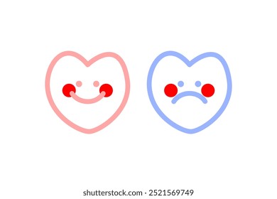 Happy and sad heart cartoon character outline set. Mental health, feeling, emotion, heart broken, pain concepts. Flat decorative vector design isolated illustration.
