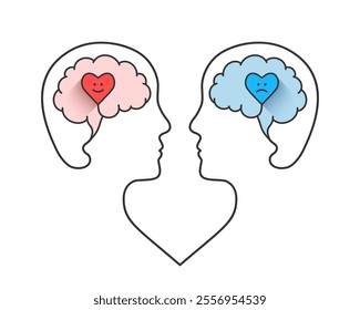 Happy and sad heart within brain forming one bigger interconnected heart concept. Mood swing, change of emotional and mental state, bipolar, borderline, manic and depressive states of mind symbol.