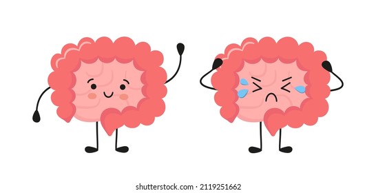 Happy and sad kawaii characters of intestine. Healthy smily and unhealthy cry gut characters. Abstract bowels. Vector illustration isolated on white background.