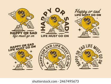 Happy or sad, life must go on. Mascot character illustration of ball head in running pose