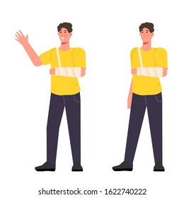 Happy and sad man with a broken arm. Fracture limb concept. Vector illustration flat design style.