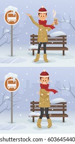 Happy and sad man character. Winter season. Vector flat cartoon illustration set