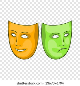 Happy and sad mask icon in cartoon style isolated on background for any web design 