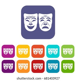 Happy and sad mask icons set vector illustration in flat style in colors red, blue, green, and other