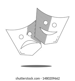 Happy and sad mask line art. Theatre mask.