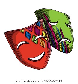 Happy and Sad Mask, Mardi Gras, Carnival, Hand Drawn Illustration