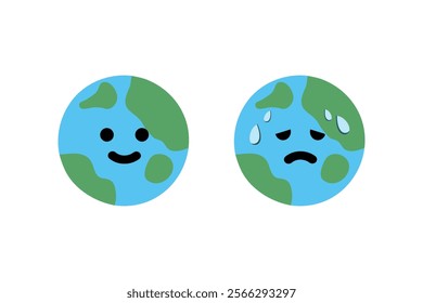 Happy and sad melting earth cartoon. Nature, hot temperature, climate change, global warming, environment concepts. Flat character vector design isolated illustration.