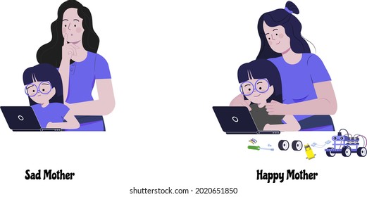 happy and sad mother with their kids, mother sad about her kid lot of screen time, mother happy about her kid interactive learning. online robotics, IoT, AI ML, and coding course. learn from home