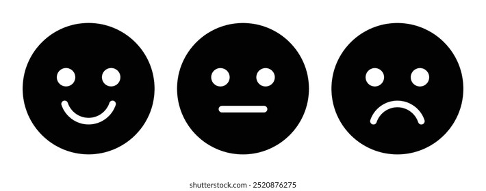 Happy, sad, and neutral emoji smiley set in black and white color vector illustration. Emoticons positive, neutral and negative. Rating smile for customer opinion. Happy, sad smiley set.