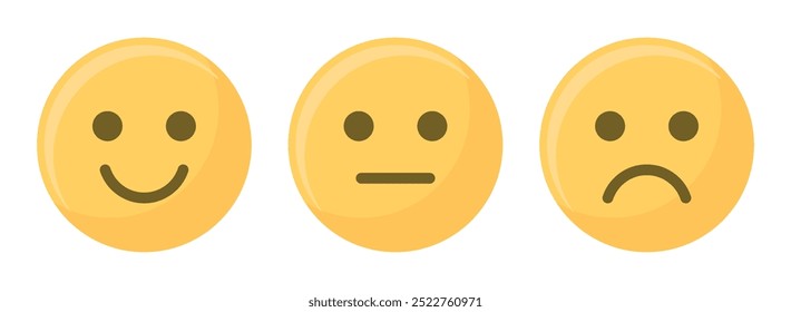 Happy, sad, and neutral emoji smiley set in yellow color vector illustration. Emoticons positive, neutral and negative. Rating smile for customer opinion. Happy, sad smiley set.