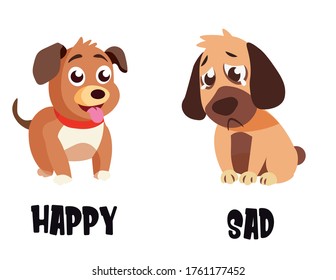 Happy And Sad Opposite Adjectives  Illustration. Flash Cards Of Animals Opposites With Two Cute Dogs.