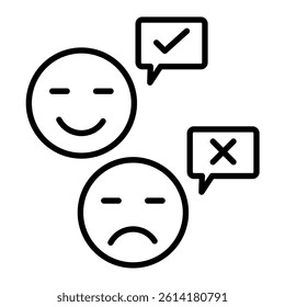 Happy and sad outline icon emoji with right and wrong chat box vector editable illustration.