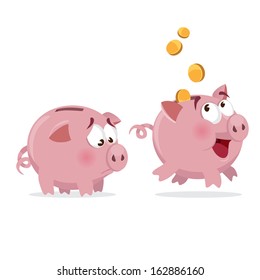 happy and sad Piggy bank with money and empty