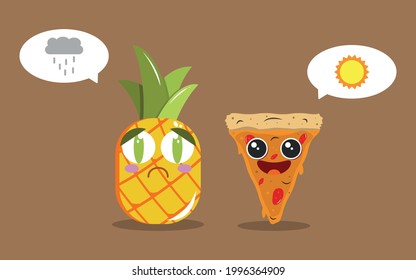 Happy and sad pizza and pineapple. Hawaiian pizza vector illustration. Food moods.
