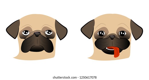 Happy and sad pug-dog. Isolated vector illustration