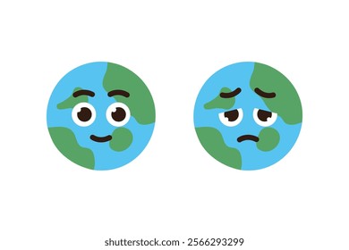 Happy and sad sick earth cartoon. Nature, hot temperature, climate change, pollution, environment concepts. Flat character vector design isolated illustration.