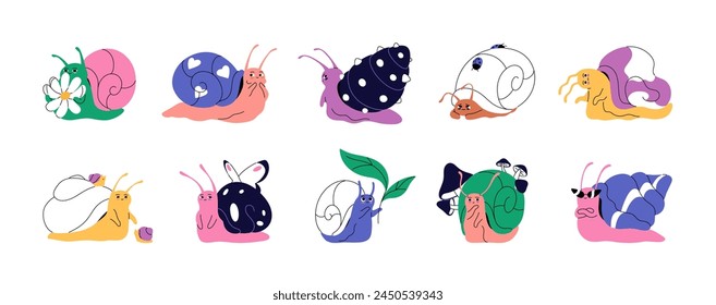 Happy and sad snails set. Slugs with patterned coiled shells. Cute snailfishes with butterfly, ladybugs. Gastropods with different emotions. Flat isolated vector illustration on white background