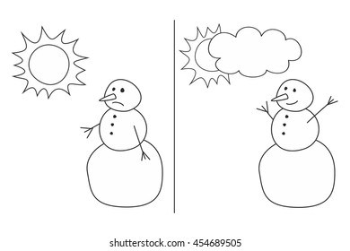 Happy and sad snowman vector illustrations isolated on white background for kids coloring book
