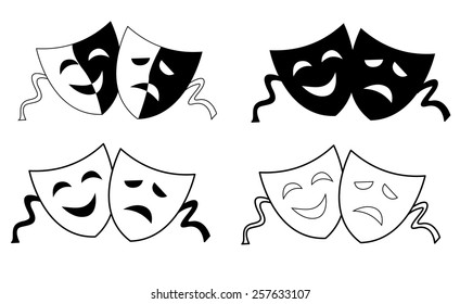 Happy and sad theater masks / faces silhouette isolated on white background 