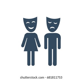 Happy and sad Theater masks.Girl and boy. Flat icon with white background 