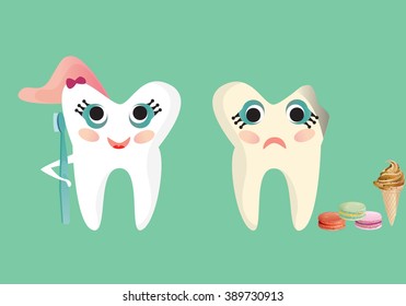 Happy and sad tooth illustration, caries and healthy tooth set.  