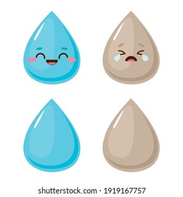Happy and sad water drop characters. Clean and dirty water concept vector illustration