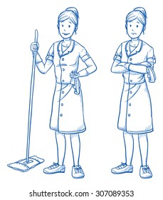 Happy and sad young female cleaner in two emotions. Hand drawn cartoon doodle vector illustration.