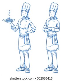 Happy and sad young female cook chef with a fresh meal in one hand, in two emotions. Hand drawn cartoon doodle vector illustration.