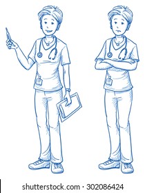 Happy and sad young female nurse with a clinical thermometer in one hand and a clipboard in the other, in two emotions. Hand drawn cartoon doodle vector illustration.