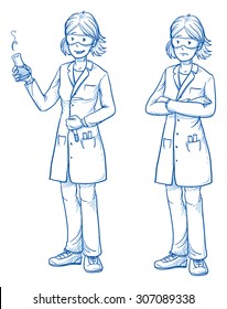 Happy And Sad Young Female Scientist In Two Emotions. Hand Drawn Cartoon Doodle Vector Illustration.