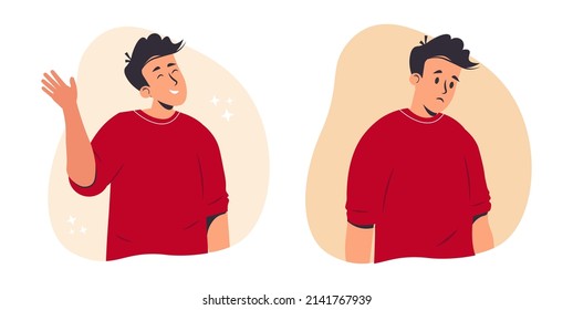 Happy and sad young person. Different emotions concept. Energetic and exhausted man, student, or workers vector illustration set. Active and tired boys flat characters. Happy and unhappy male employee
