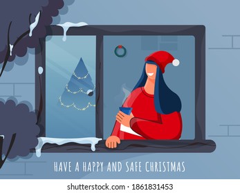 Happy and Safe Christmas Celebration Poster Design With Cheerful Woman Enjoying Drinks At Window For Avoid Coronavirus.