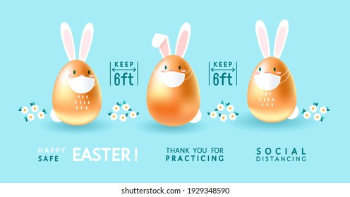 Happy safe Easter vector greeting poster, banner for public place. Infographic for prevention covid-19 with golden eggs shaped as cute bunnies in medical masks, thank you for keeping social distancing