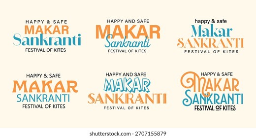 Set de tipografía de texto Makar Sankranti feliz y seguro. Diseño de Ilustración vectorial creativa.