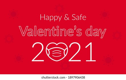 Happy and safe Valentine's day 2021 during the coronavirus pandemic. The concept of safe love during covid 19. Vector illustration on red background with coronavirus bacteria around.love banner, icon