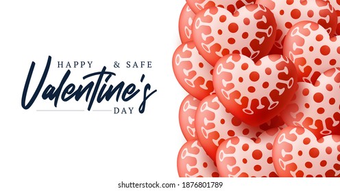 Happy and safe Valentines day sale background with balloons heart pattern. Loce and covid coronavirus concept Vector illustration. Wallpaper, flyers, invitation, posters, brochure, banners