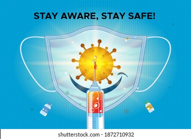 Happy safety medical mask with immunity vaccine injection, boost for strong immunity, vaccinations against Covid 19 coronavirus background, Stay aware stay Safe text calligraphy ideas