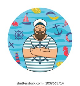 Happy sailor with beard. Sea and ocean elements background. Cartoon vector illustration. Flat style character. Marine doodle objects.