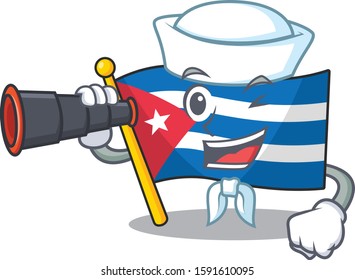 happy Sailor flag cuba Scroll cartoon design with binocular