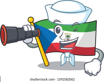 happy Sailor flag equatorial guinea Scroll cartoon design with binocular
