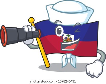 happy Sailor flag haiti Scroll cartoon design with binocular