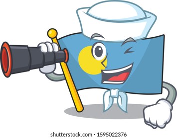 happy Sailor flag palau Scroll cartoon design with binocular