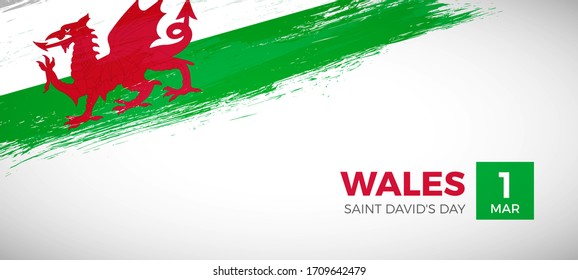 Happy saint davids day of Wales. Brush painted grunge flag of Wales country. Creative brush flag vector background