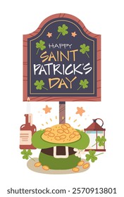 Happy Saint Patrick’s Day composition with hat filled gold coins, candle and lantern. Flat vector illustration