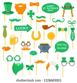 Happy Saint Patrick’s Day photo booth props set with leprechaun hat, gold horseshoe, glasses, coin, clover, moustache. Party decoration. 