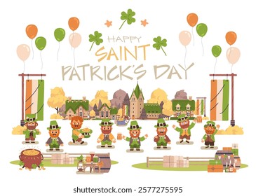 Happy Saint Patrick’s Day poster composition. Group of cute leprechauns celebrate holidays in their fantasy village. Flat vector illustration